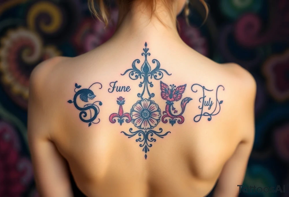 Tattoo on back that represents my family’s birthdays, January, September, June, May, July tattoo idea