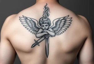 Cherub with flaming sword hand tattoo tattoo idea