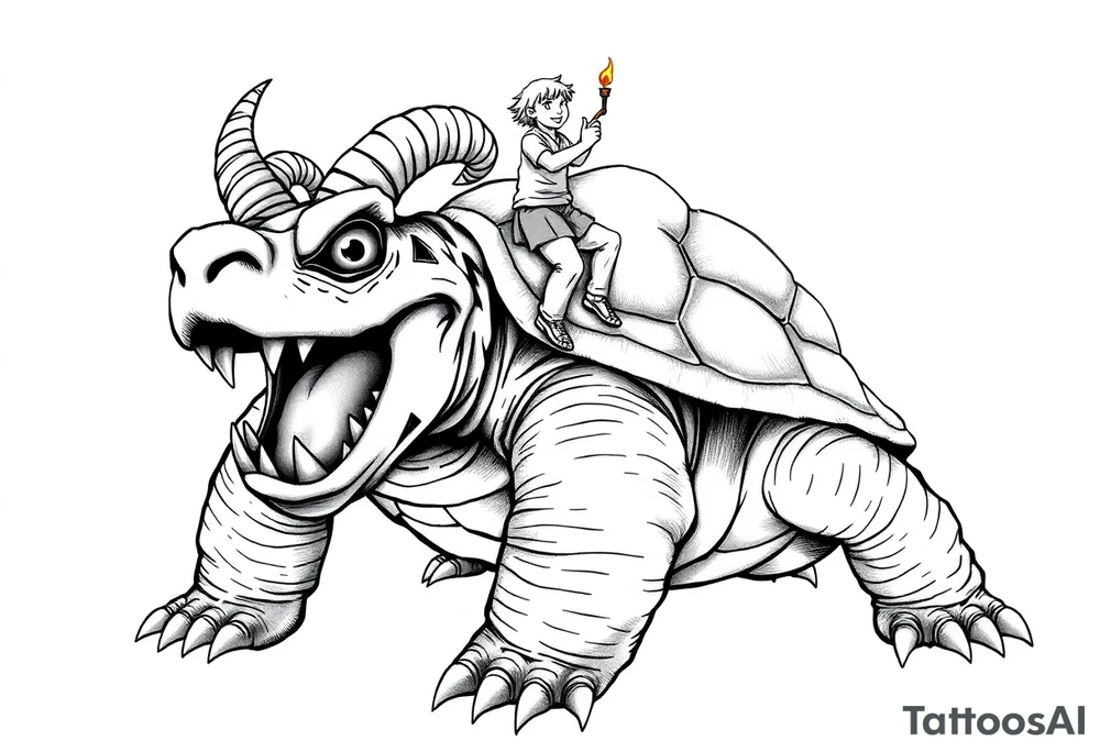 2 slaves powerful and angry turtle with goat horns and huge teeth and ALIEN EYES WITH a tiny guy riding on the back holding a torch tattoo idea