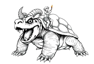 2 slaves powerful and angry turtle with goat horns and huge teeth and ALIEN EYES WITH a tiny guy riding on the back holding a torch tattoo idea