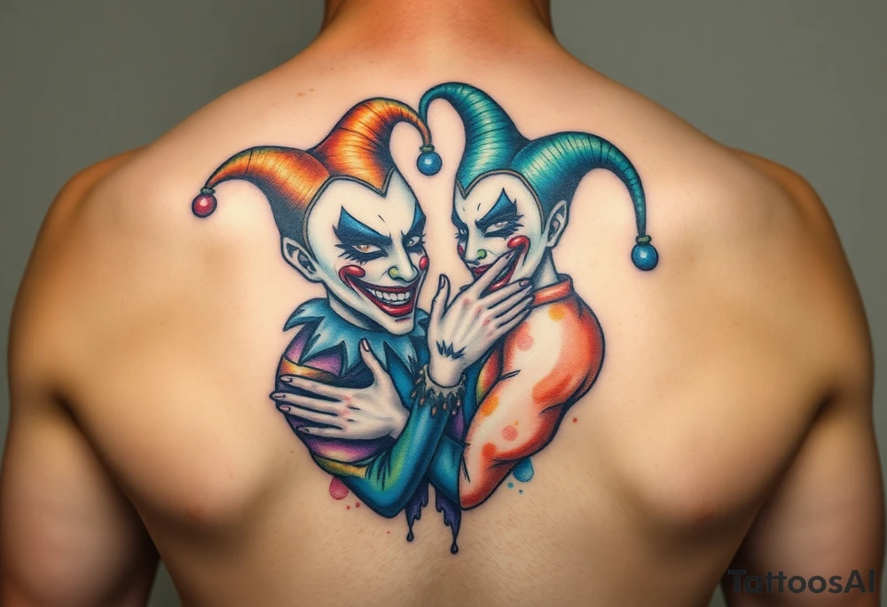 a toxic power jester couple holding each other with cheeks being pulled to force smile tattoo idea