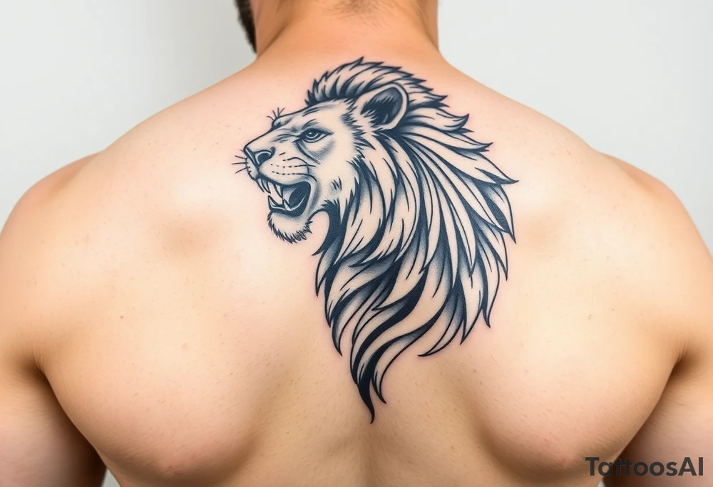 Show on a man's arm. Create a men's half-sleeve tattoo featuring a mighty, majestic lion at the top of the shoulder. tattoo idea