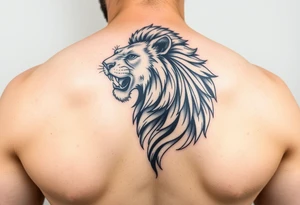 Show on a man's arm. Create a men's half-sleeve tattoo featuring a mighty, majestic lion at the top of the shoulder. tattoo idea