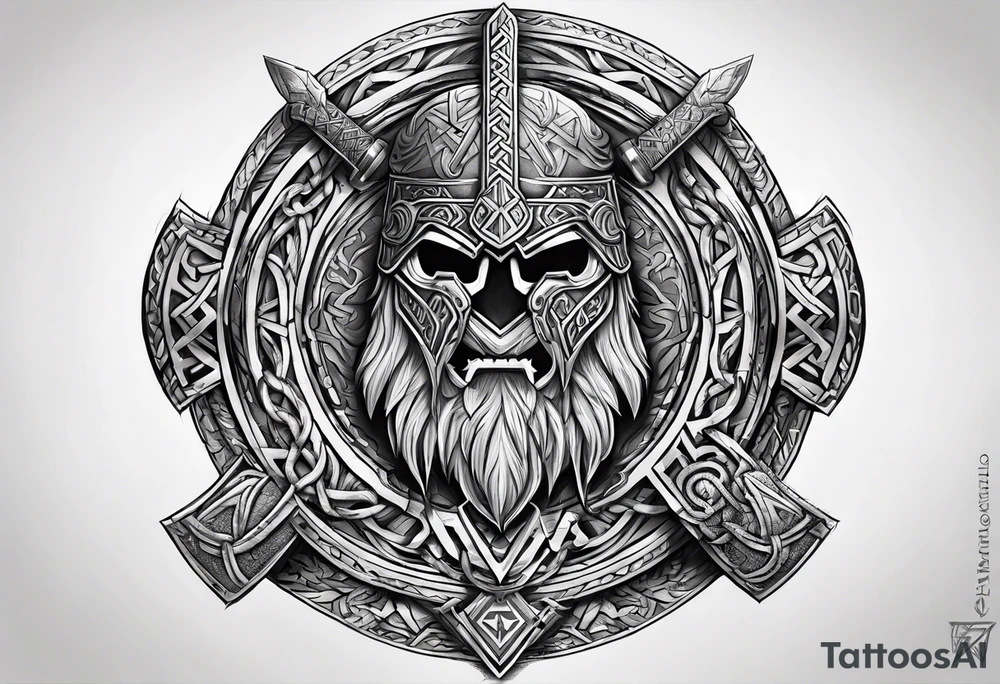 Valhalla sword round shield axe Valknut steps fire chains tattoo idea Valhalla sword round shield axe Valknut steps fire chains tattoo idea