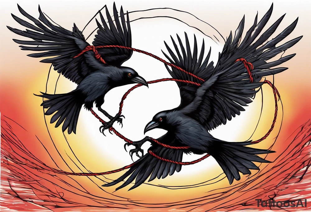 Two black crows flying into the sunset as they carry one long red string between them. tattoo idea