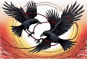 Two black crows flying into the sunset as they carry one long red string between them. tattoo idea