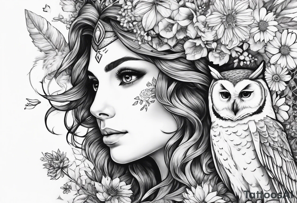 Owl and wildflowers and unicorn and warrior curly hair princess half sleeve tattoo idea