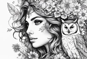 Owl and wildflowers and unicorn and warrior curly hair princess half sleeve tattoo idea