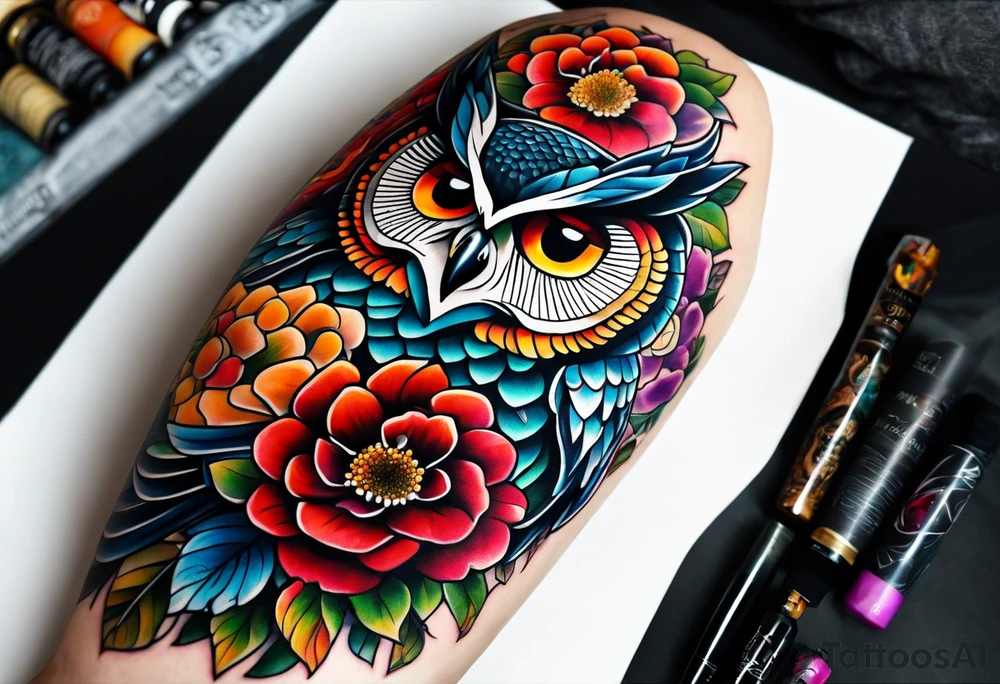 A lower forearm sleeve full colour coming down from a bicep with flowers joined with honeycombs, Mandela flowers, and owl. tattoo idea