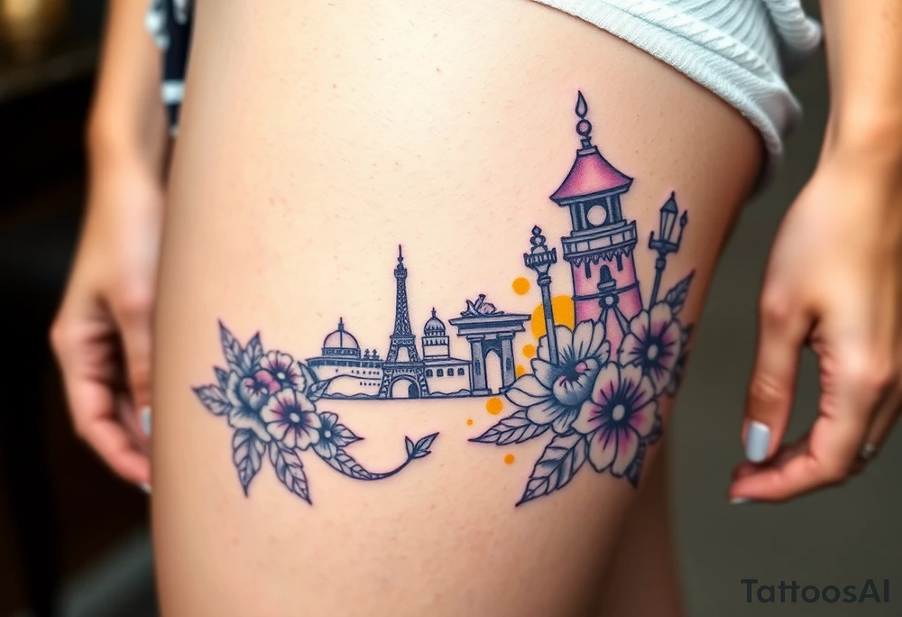 Powerful tourist tattoo with purple and yellow tattoo idea