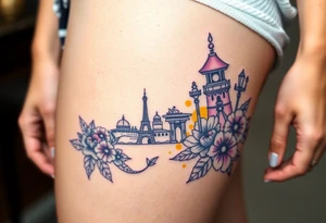 Powerful tourist tattoo with purple and yellow tattoo idea