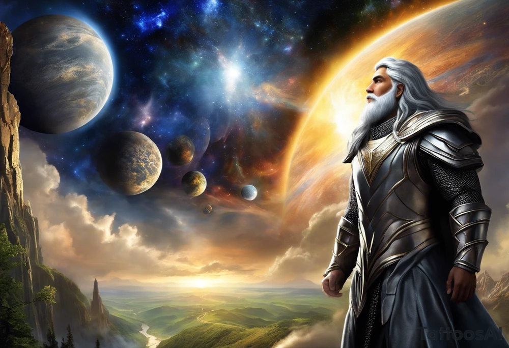 Jehovah looking out at the marvels of his creation from the atoms to the galaxy and celestial beings. With grey wash and a fantasy theme. Jehovah has to be a character who is so majestic, charismatic, immensely powerful. There isnt a single thing he isnt capable of doing. Infinitely powerful forward facing. Without the pagan styled attire and without the pagan symbols etcetera, shirtless, large muscular athletic physique, deep muscle definition tattoo idea