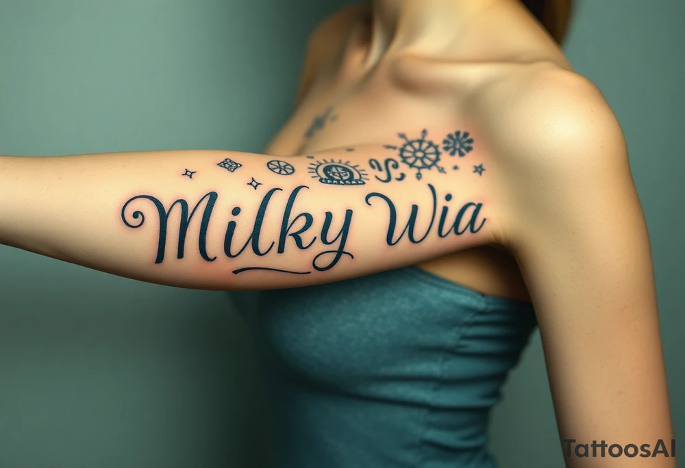 Milky way filled with zodiac symbols runes tarot cards coming out of a cauldron tattoo idea