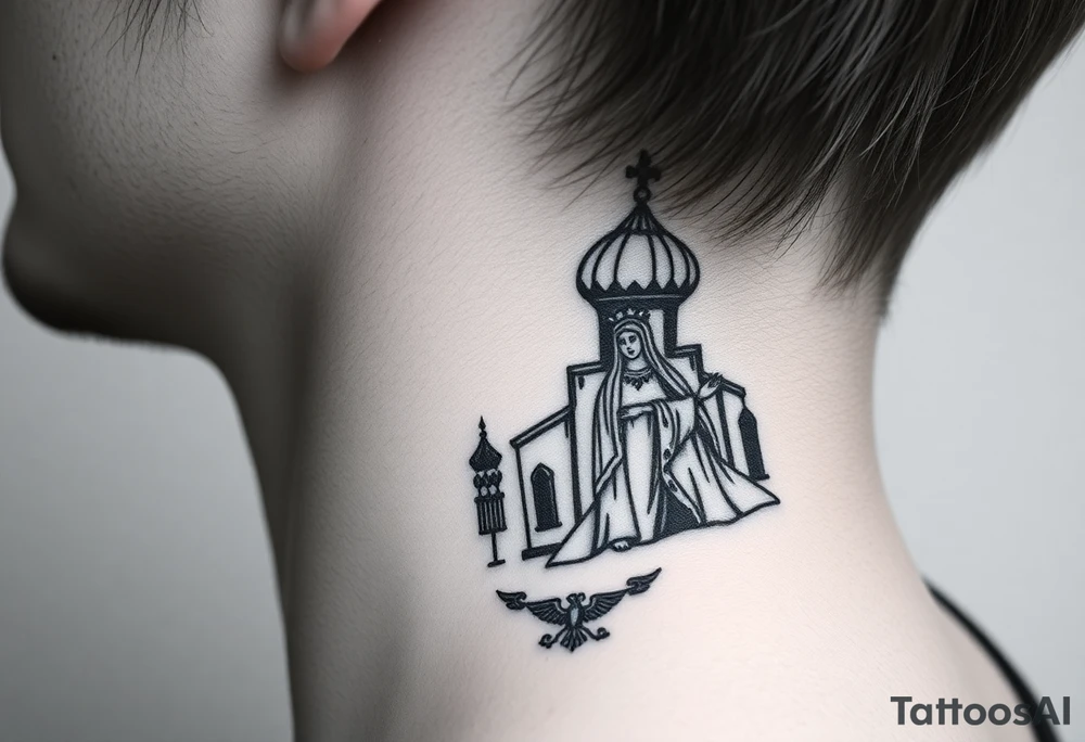 medium traditional russian orthodox church with a russian coat arms and virgin mary tattoo idea