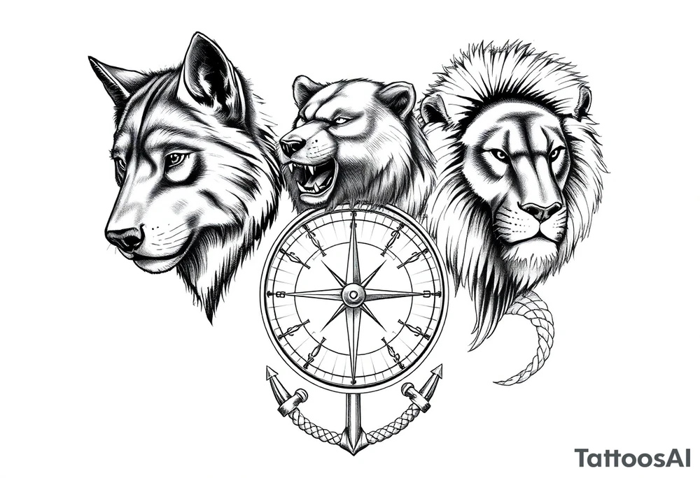 wolf, bear, lion, surrounded by a broken old school compass with a rope and anchor on the bottom tattoo idea