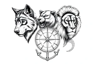 wolf, bear, lion, surrounded by a broken old school compass with a rope and anchor on the bottom tattoo idea