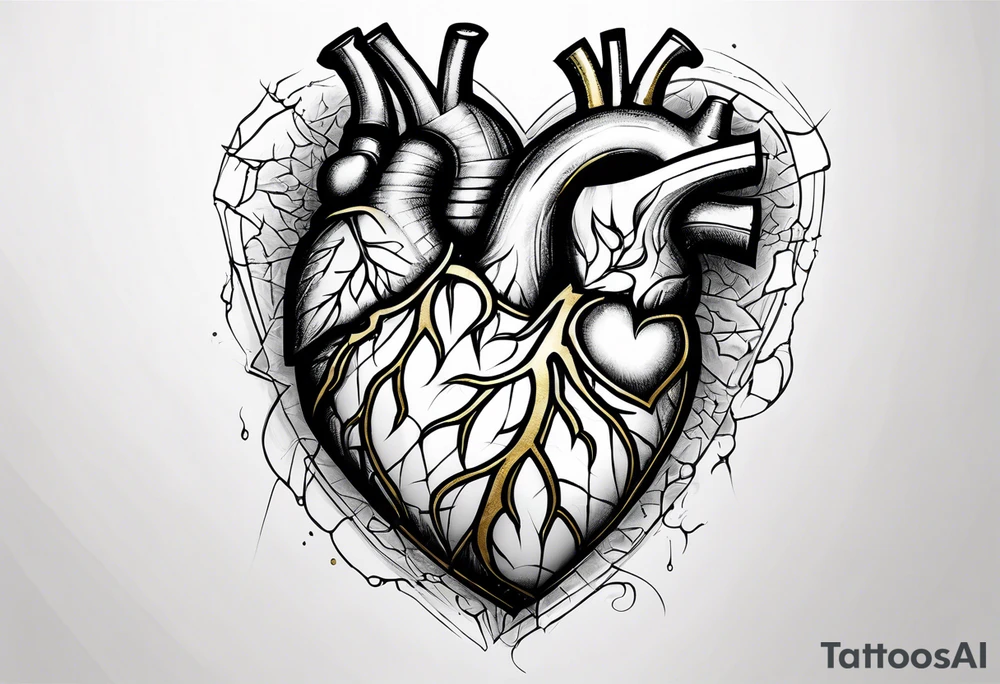 Realistic broken  heart with gold sealant lines tattoo idea