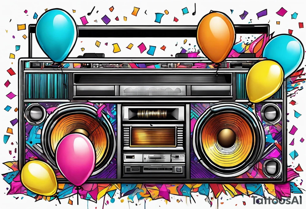 1980's style big boom box mith confetti, balloons and music notes against miami vice style beach background tattoo idea