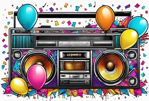 1980's style big boom box mith confetti, balloons and music notes against miami vice style beach background tattoo idea