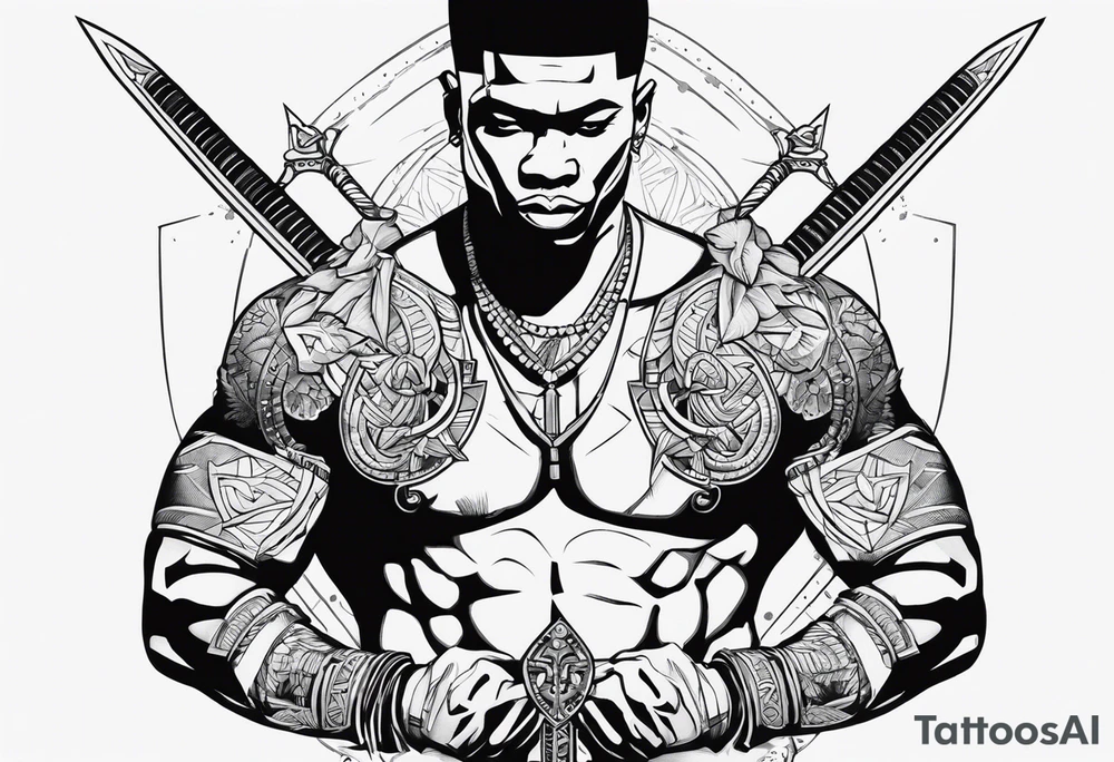 african, warrior, sword, chest tattoo, symmetrical, include neumann numerals, add shade tattoo idea