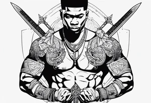 african, warrior, sword, chest tattoo, symmetrical, include neumann numerals, add shade tattoo idea