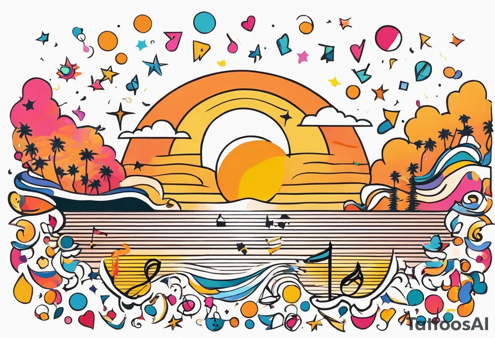 1970'S BEACH PARTY 
party, include confetti, music notes, 
, bikinis sunset in the center tattoo idea