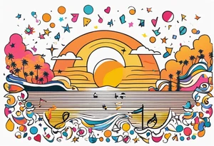 1970'S BEACH PARTY 
party, include confetti, music notes, 
, bikinis sunset in the center tattoo idea