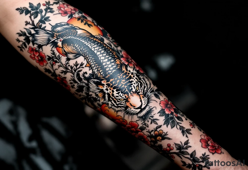 Full arm sleeve, one koi fish, one tiger, the sun, cherry blossom filler, beautiful tattoo idea