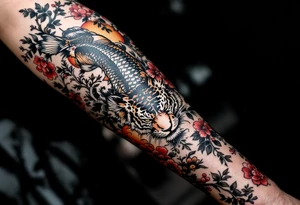 Full arm sleeve, one koi fish, one tiger, the sun, cherry blossom filler, beautiful tattoo idea