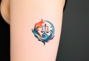 A stylized yin-yang symbol made of swirling water and fire, with a delicate balance scale in the center, representing karmic opposition. tattoo idea