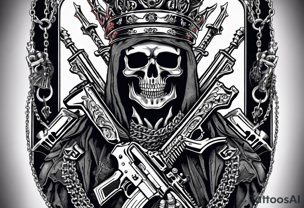 image of a skeleton standing frontally with a crown on his head, holding an AK-47 on his shoulder with his right hand. The chain on the left should be taut, there are three angry barking Dobermans in it, near the waist tattoo idea