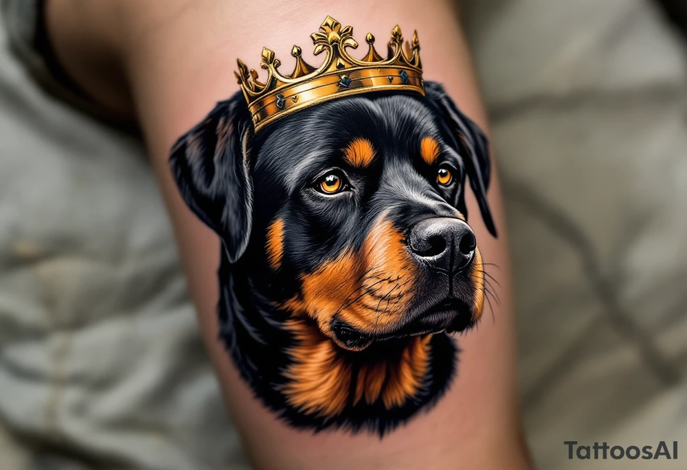 Rottweiler with Crown – A proud black and tan Rottweiler wearing a worn gold crown, symbolizing loyalty and strength. Hyper-realistic fur texture with warm amber eye details. tattoo idea