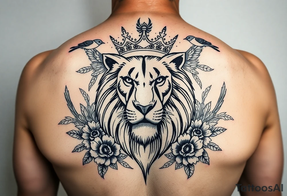 powerful majestic lion with a crown, surrounded by floral ornaments and birds tattoo idea