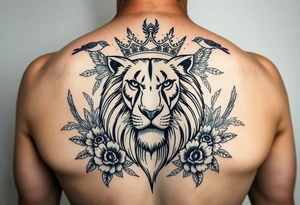 powerful majestic lion with a crown, surrounded by floral ornaments and birds tattoo idea