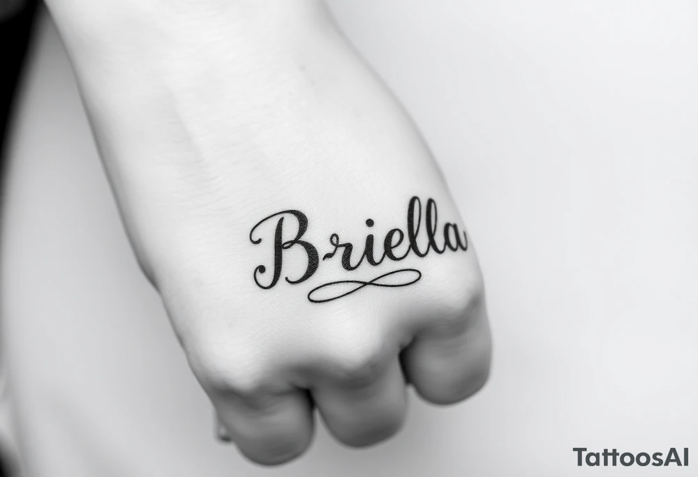 "Briella" in gangsterfont on hand along thumb tattoo idea