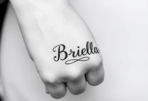 "Briella" in gangsterfont on hand along thumb tattoo idea