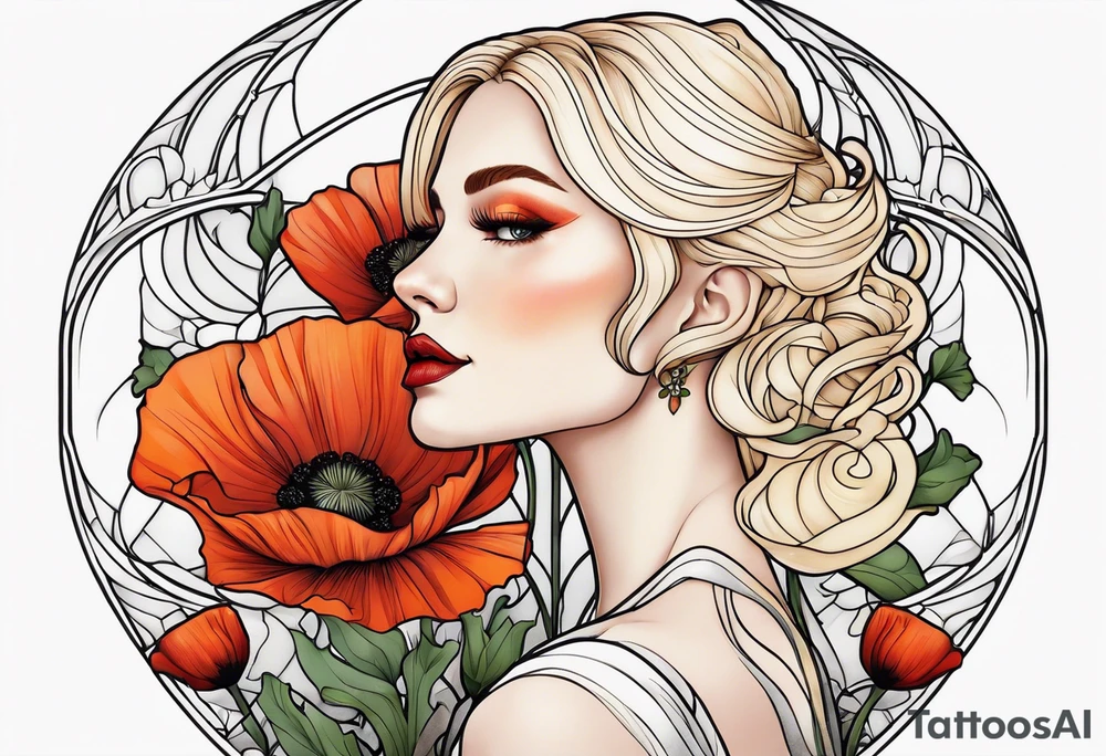 Art nouveau blond woman poppy tattoo idea