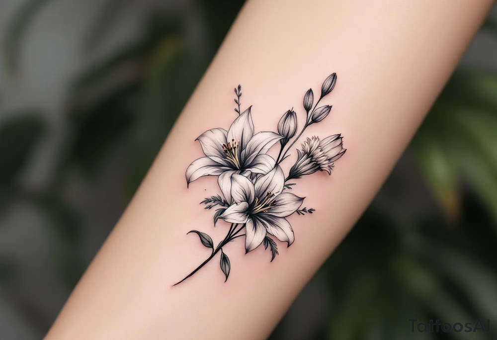Stargazer lillies with small sunflowers and tulip buds in a dainty wildflower bouquet with stems tattoo idea