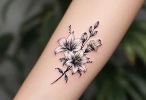 Stargazer lillies with small sunflowers and tulip buds in a dainty wildflower bouquet with stems tattoo idea
