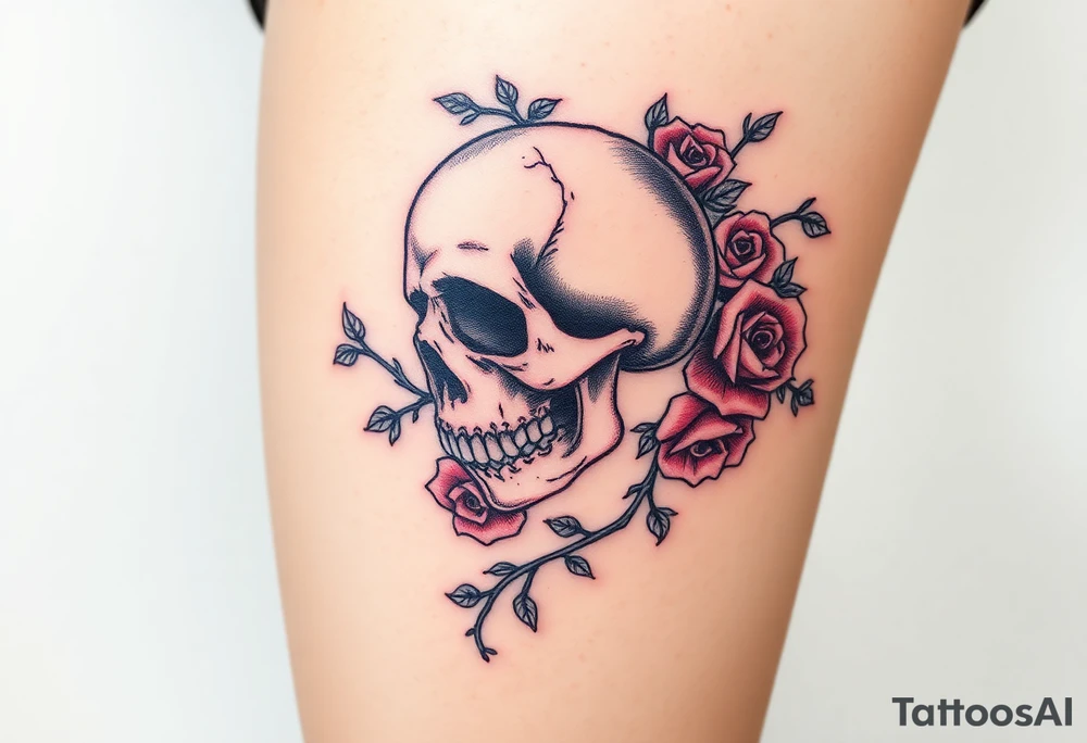gothic skull intertwined with climbing roses and thorny vines tattoo idea