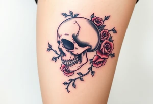 gothic skull intertwined with climbing roses and thorny vines tattoo idea