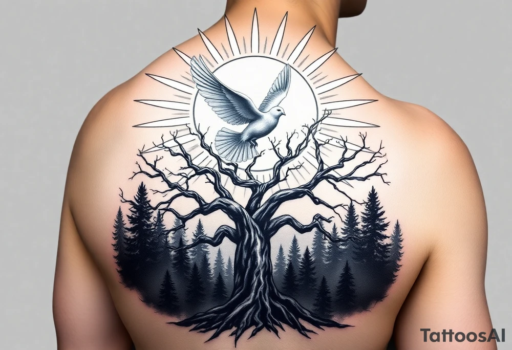Here’s a detailed description for your tattoo generator:

"A hyper-realistic tattoo design strictly placed on the upper shoulder. The design features radiant, sharp-edged sun rays extending outward from the top of the shoulder, converging towards a bright, circular sun located at the center. A white dove is in mid-flight, wings fully spread, positioned directly in front of the sun, with its body silhouetted against the glowing rays.

Below the sun and dove is a strikingly detailed poison tree, featuring thick, twisted roots and gnarled branches extending upward. The branches have a jagged, barren appearance, adding a sense of mystery and intensity. At the base of the tree is a serene forest scene, with rows of tall, shadowy evergreen trees receding into the background to create depth and balance.

The entire design is rendered in black and grey realism, with a strong emphasis on contrast and shading to create a three-dimensional effect. The skin of the person is visible in a natural tone, and the tattoo blends seamlessly into the contours of the shoulder, with the design wrapping slightly toward the front and back without losing its central focus. The overall composition merges elements of peace (dove and sun) with mystery (poison tree and forest), creating a harmonious yet striking visual impact." tattoo idea