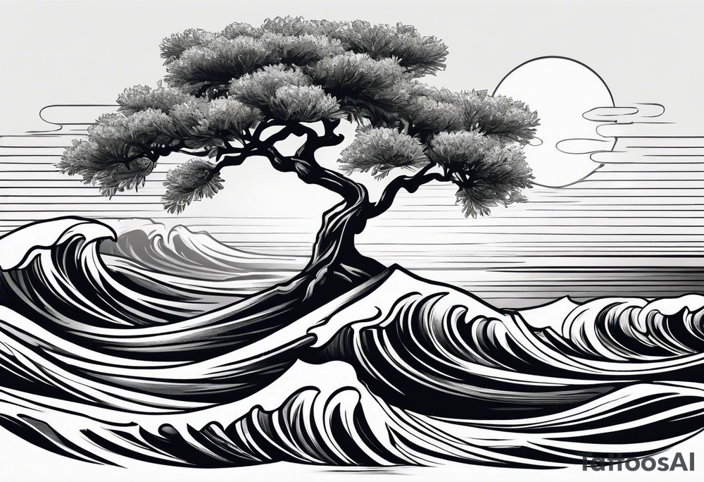 Olive tree into waves, ocean, sun for wrist tattoo idea