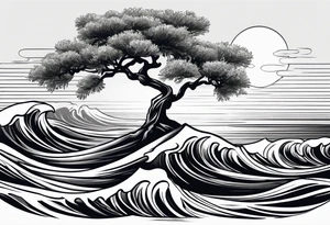 Olive tree into waves, ocean, sun for wrist tattoo idea
