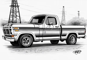 1974 ford f-100 in front of oil jack tattoo idea