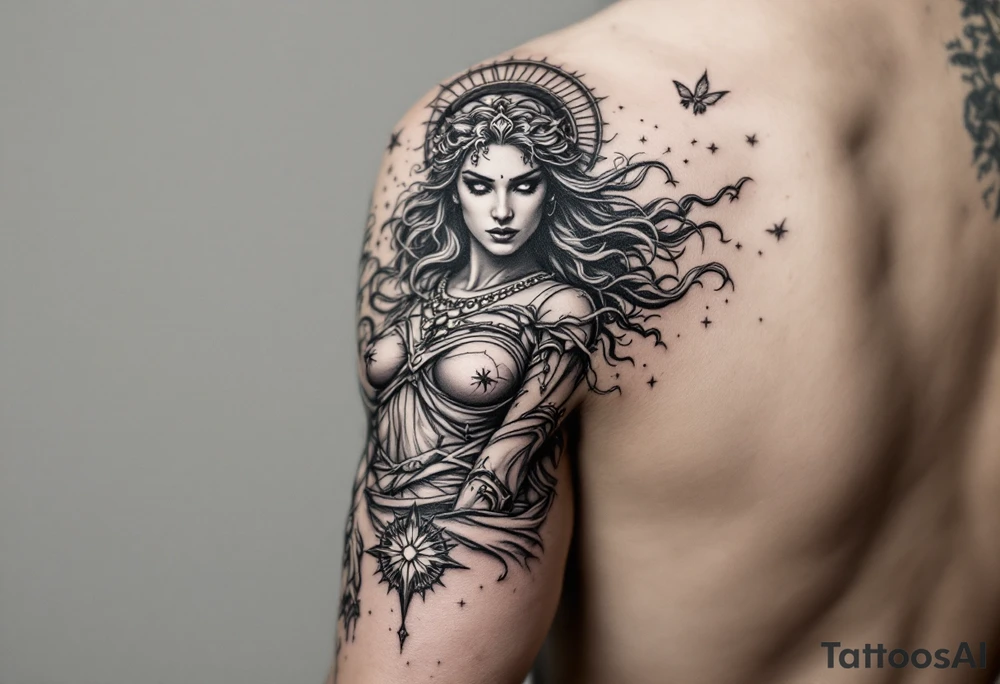 Athena goddess of war and wisdom on women’s upper arm tattoo idea