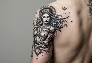 Athena goddess of war and wisdom on women’s upper arm tattoo idea