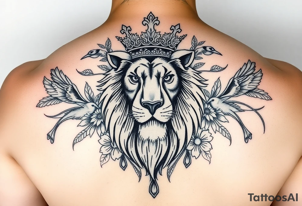 powerful majestic lion with a crown, surrounded by floral ornaments and birds tattoo idea