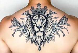 powerful majestic lion with a crown, surrounded by floral ornaments and birds tattoo idea