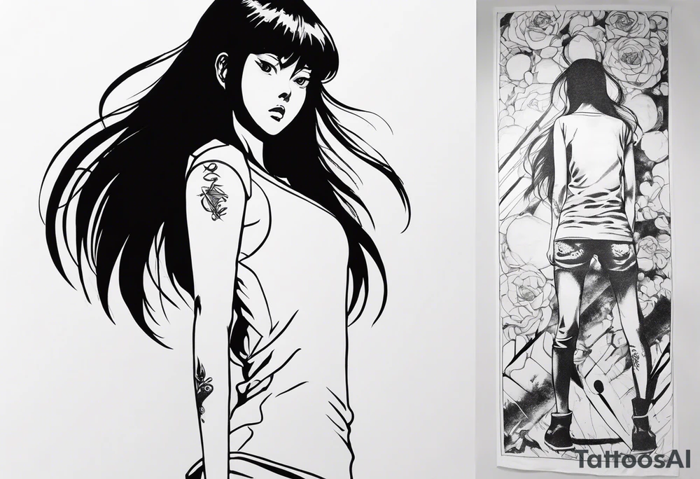 portrait of tomie standing up a character by the horror manga author junji ito full body standing menacingly. add more horror and gore elements tattoo idea